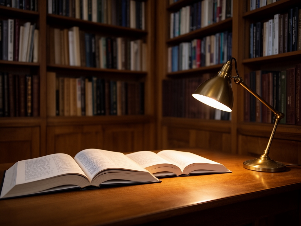 Quiet reading room with tall wooden bookshelves, a single desk lamp casting warm light on open reference books, evoking a sense of research, intellectual depth, and structured inquiry