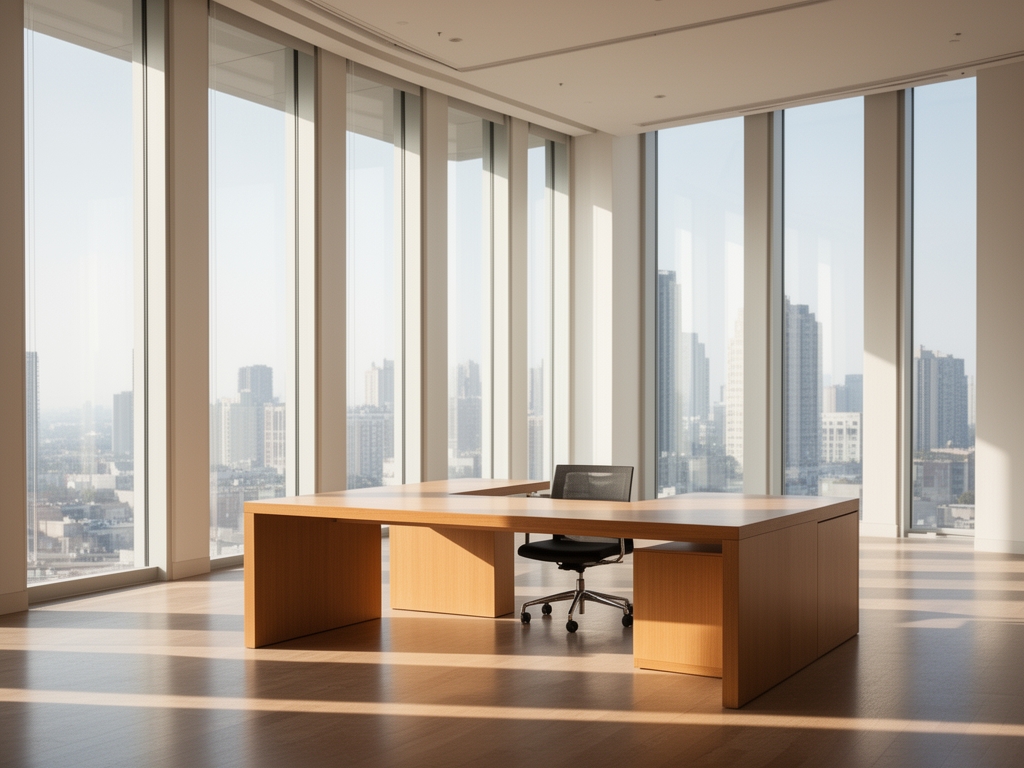 Sunlit interior of a spacious modern office with tall windows, a clean wooden desk, and soft natural light creating a calm and professional atmosphere, no people present