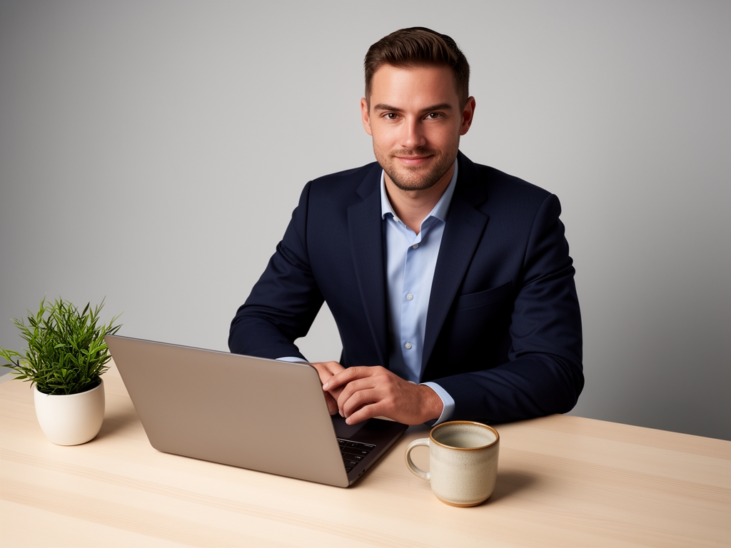 Modern minimalist desk setup viewed from above, featuring a laptop, a small potted plant, and a ceramic mug on a light-toned wooden surface, calm and uncluttered workspace atmosphere