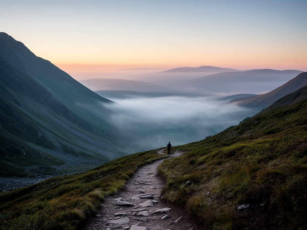 Wide landscape photograph of a mountain trail at dawn, soft mist in the valley below, a lone figure visible on the path, evoking the idea of sustained personal endeavour in a natural environment