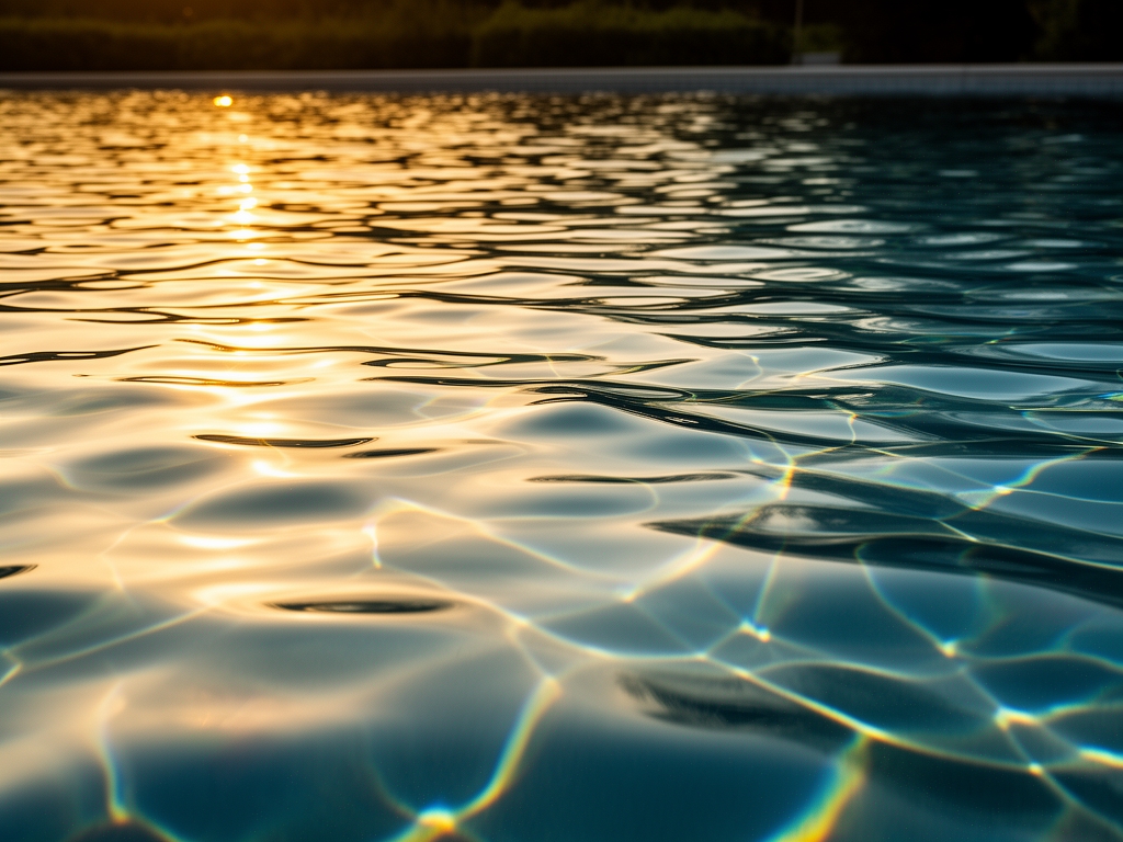 Abstract photograph of rippling water surface in a calm outdoor pool at golden hour, the light breaking into geometric reflections, creating a visual metaphor for depth, flow, and structured natural movement