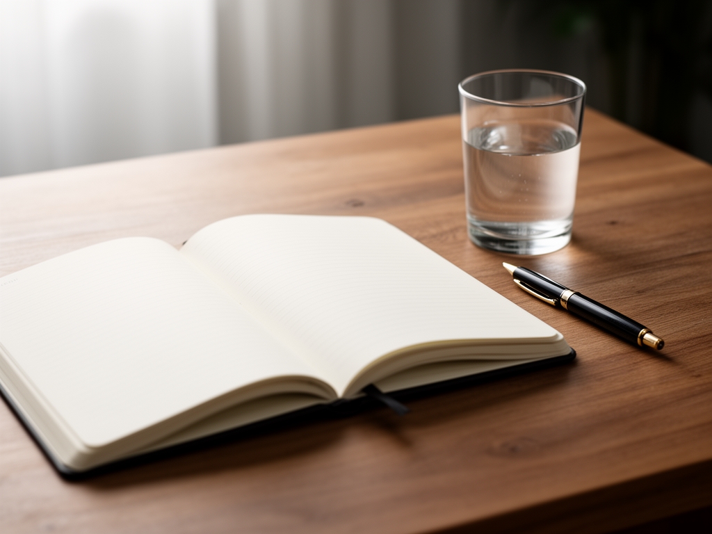 Open notebook resting on a wooden desk next to a glass of water, pen beside it, with soft diffused morning light suggesting quiet study and thoughtful reflection
