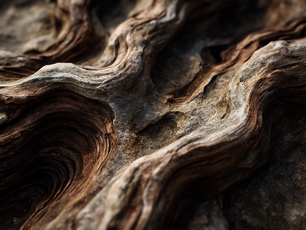 Macro photograph of the texture of natural stone or aged wood, abstract organic pattern with deep shadows and rich surface detail, creating a sense of depth and material presence
