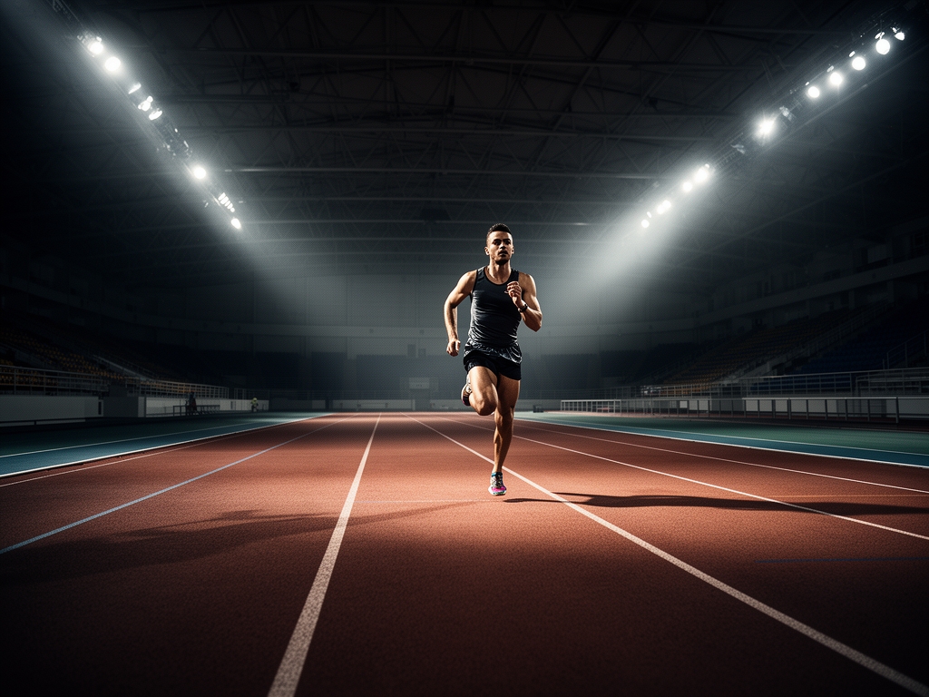 Wide shot of a well-lit indoor athletics track with a lone runner in motion, captured with cinematic depth of field and dramatic directional lighting emphasizing movement and discipline