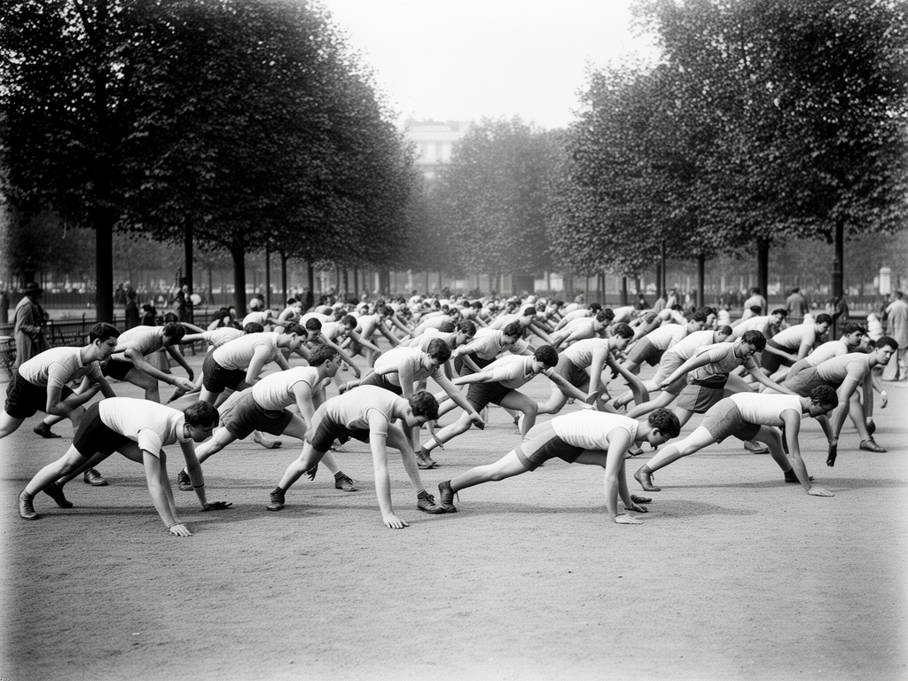 Black and white archival-style photograph of a group of athletes performing calisthenics exercises in an outdoor public park, vintage aesthetic, showing collective structured physical activity in an early twentieth century setting