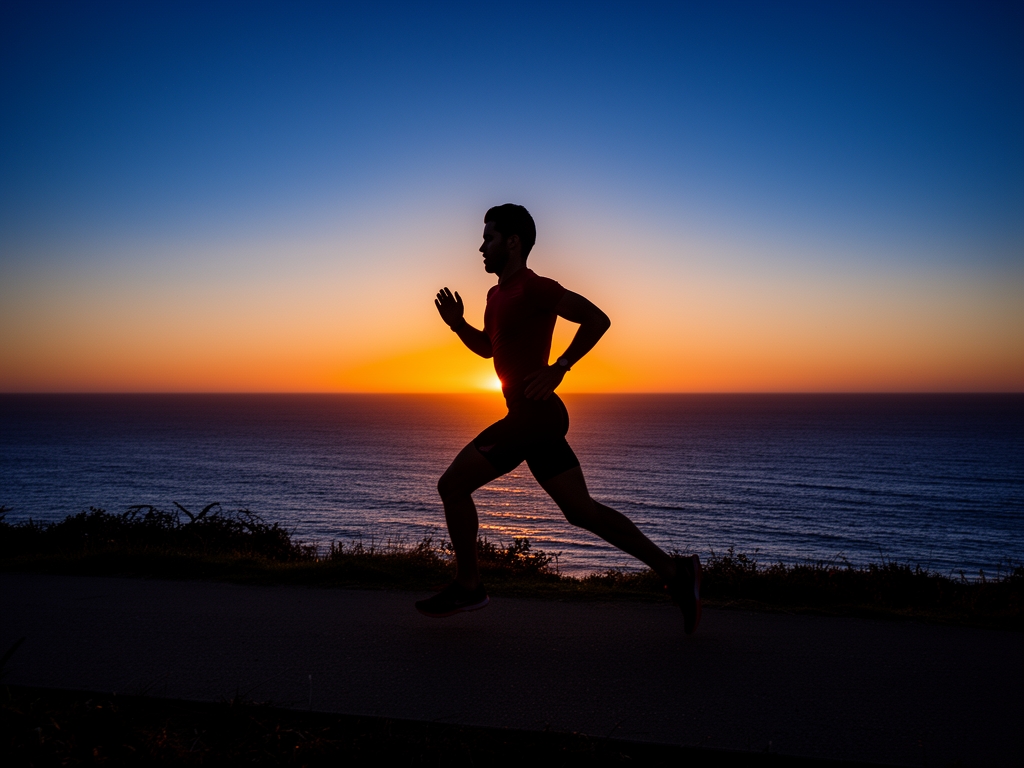 Athlete running along a coastal path at sunset, silhouetted against an orange and deep-blue horizon, the image conveying endurance, rhythm, and environmental context of outdoor physical activity