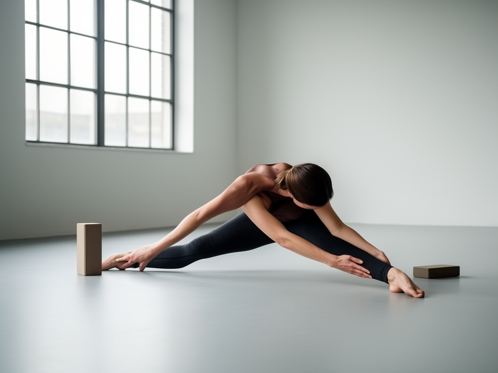 Yoga practitioner in a deep hip-opening stretch on a light-grey studio floor, surrounded by minimal props, the scene lit softly from a large window to evoke calmness and structural flexibility
