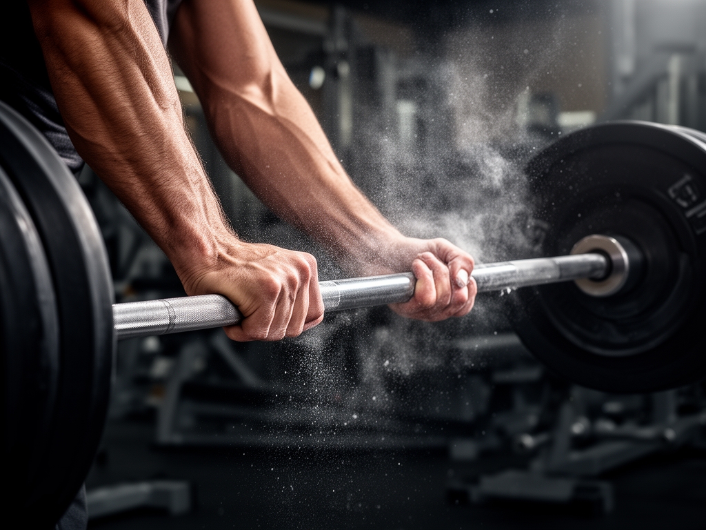 Close-up of two hands gripping a barbell in a well-equipped gym, chalk dust visible in the air, dramatic side lighting highlighting muscular forearms and the texture of the metal bar